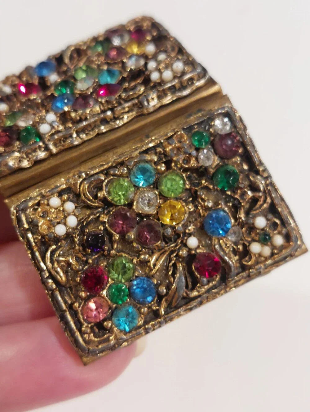 Vintage Floral Rhinestone & Brass Medicine Pill Box Case heavy well made